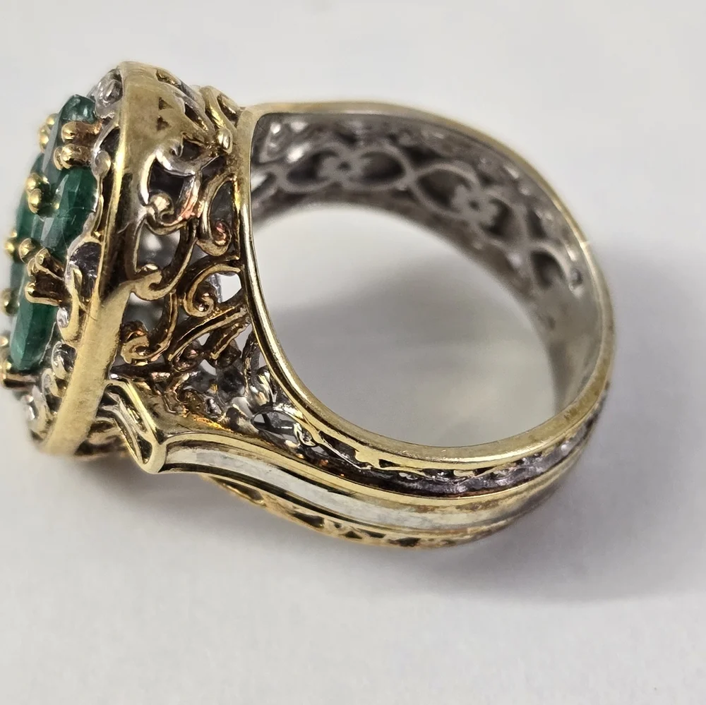 Sterling Silver 925 Intricate Green and Gold Ring with Emerald Cluster